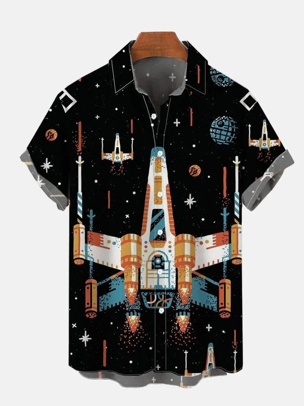 Spaceship Fleet In Black Universe Poster Printing Short Sleeve Shirt