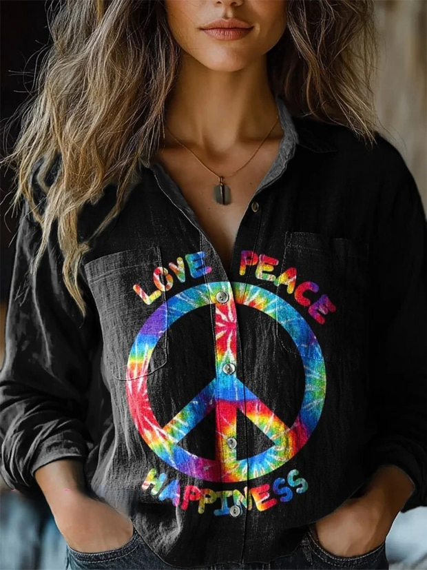 Tie Dye Hippie Peace Sign Art Printed Women's Casual Long Sleeve Comfortable Cotton Shirt(1)