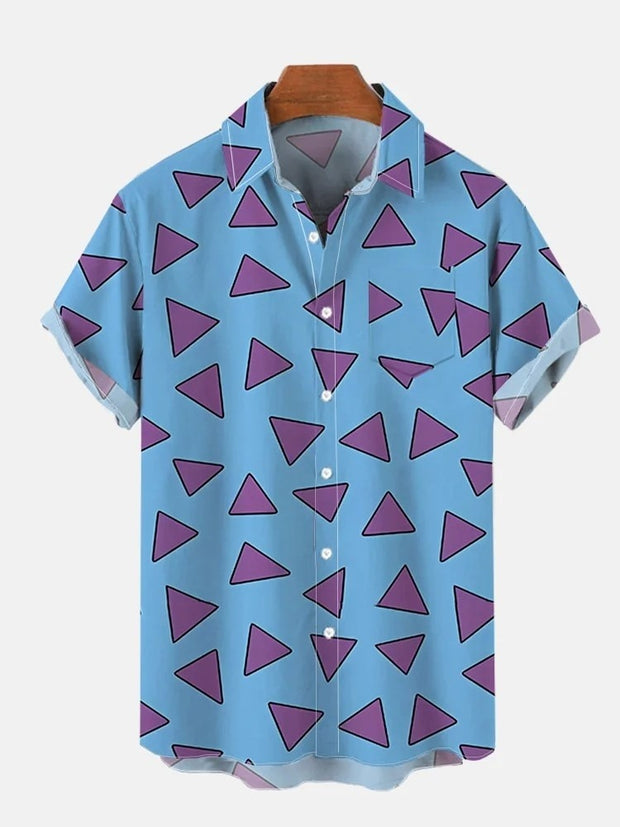 Triangles On Blue Printing Breast Pocket Short Sleeve Shirt