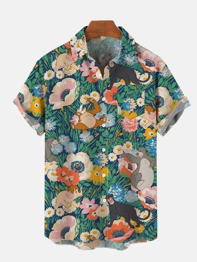 Tropical Jungle And Animals Printing Breast Pocket Short Sleeve Shirt