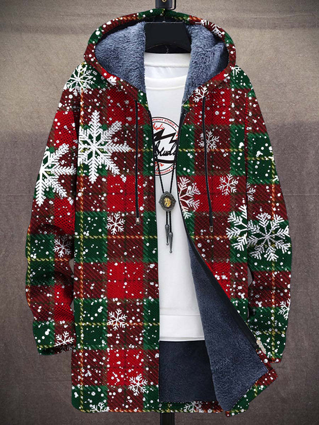 Unisex Christmas Snow Decoration Art Pattern Plush Thick Long-Sleeved Cardigan Coat