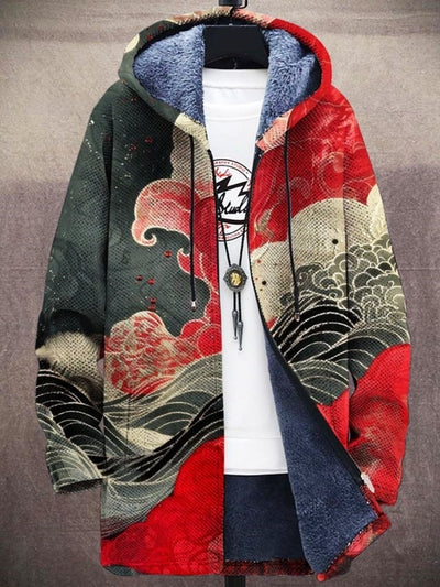 Unisex Retro Japanese Wave Print Plush Thickened Long Sleeve Cardigan Sweater Jacket