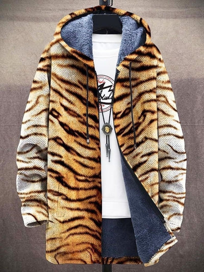 Unisex Retro Tiger Texture Print Plush Thickened Long Sleeve Sweater Cardigan Jacket