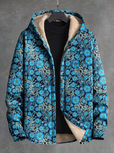 Vintage Blue Floral Art Print Waffle Plush Thick Long-Sleeved Hooded Coat