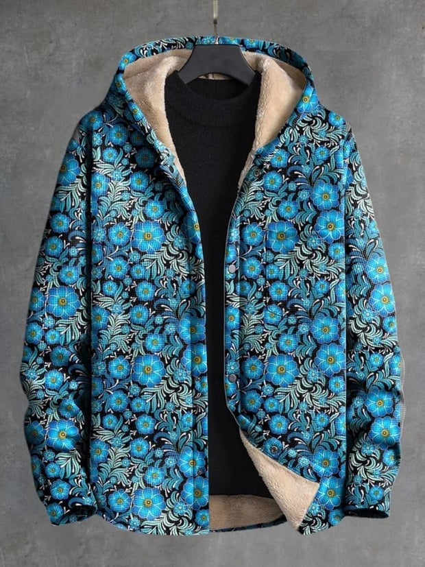 Vintage Blue Floral Art Print Waffle Plush Thick Long-Sleeved Hooded Coat