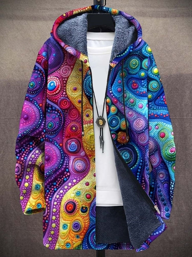 Vintage Multicolor Art Print Unisex Plush Thick Long-Sleeved Cardigan Coat