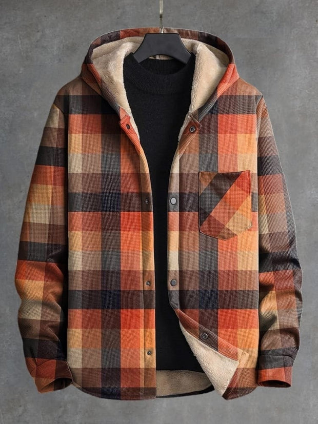 Vintage Plaid Art Print Waffle Plush Thick Long-Sleeved Hooded Coat