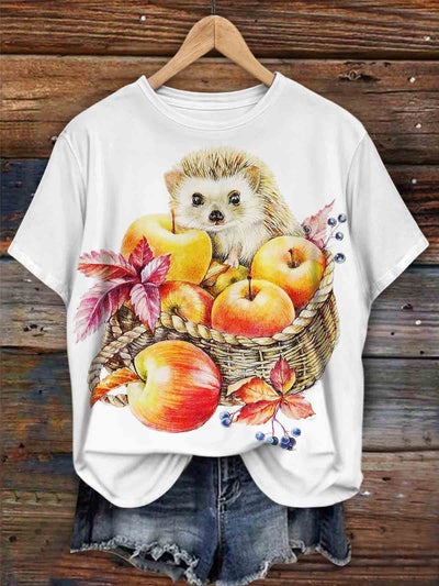 Women's Autumn Harvest Hedgehog Print Short Sleeve Crew Neck T-Shirt