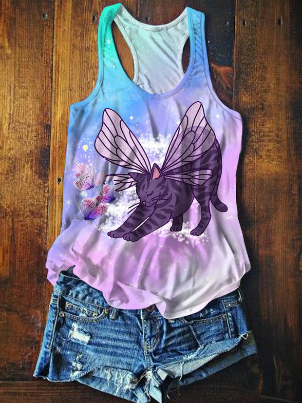 Women's Cat and Butterfly Print Vest Top