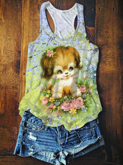 Women's Retro Pastoral Puppy Print Sleeveless Vest