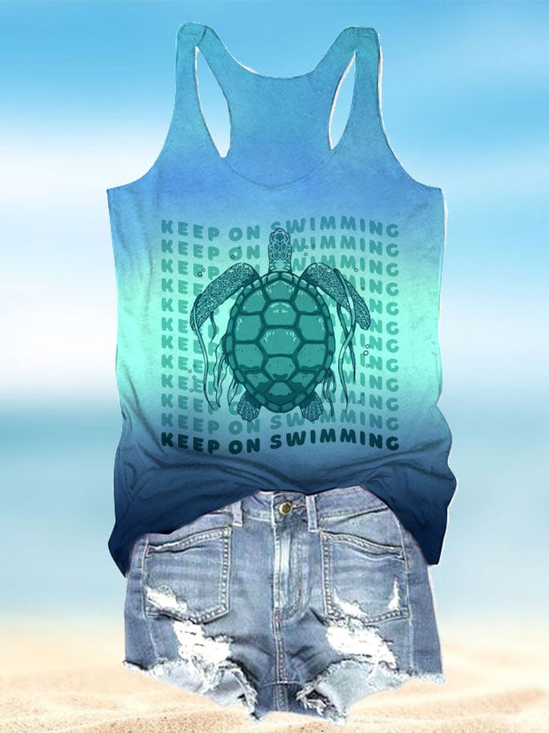 Women's Vacation Turtle Print Casual Crew Neck Tank Top