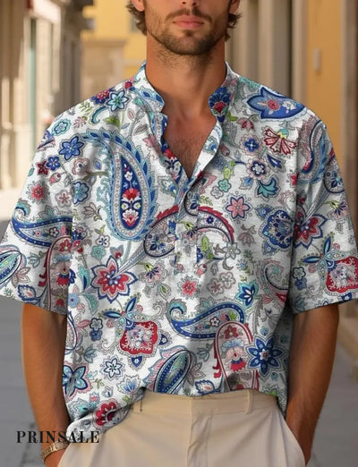 Blue Floral Paisley Decorative Pattern Casual Linen Cotton Shirt