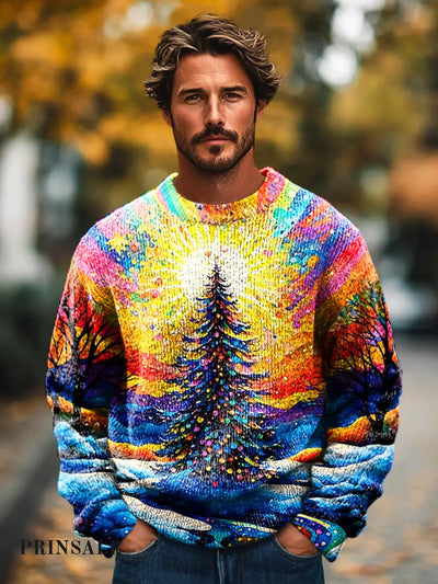 Christmas Colorful Tree Art Print Knit Crew Neck Pullover Shirt / S