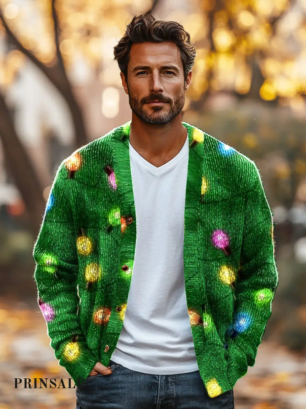 Christmas Lights String Pine Needle Art Print Knit V-Neck Cardigan Colorful / S