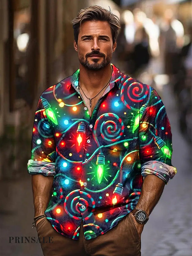 Christmas Theme Neon Ambient Lights String Art Print Lapel Long Sleeve Shirt Colorful / S