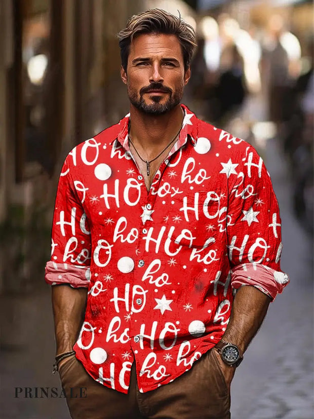 Christmas Theme Red Letter Art Print Lapel Long Sleeve Shirt Colorful / S