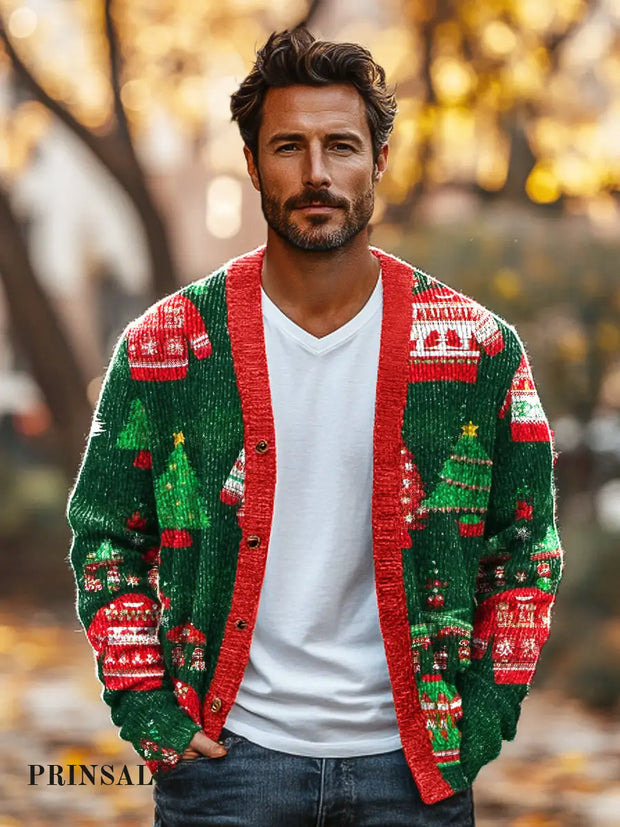 Christmas Themed Sweater Tree Pattern Printed Knit V-Neck Cardigan Colorful / S