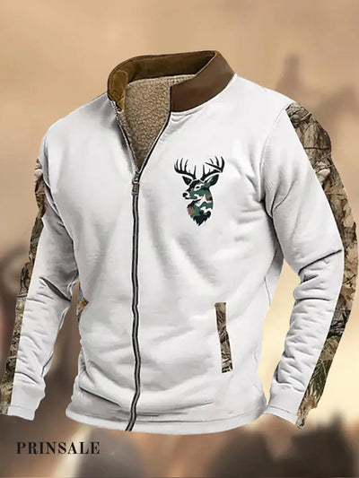 Cowboy Pattern Printed Western Village Hunting Logo Zipper Fur Collar V-Neck Thick Sweatshirt A / S