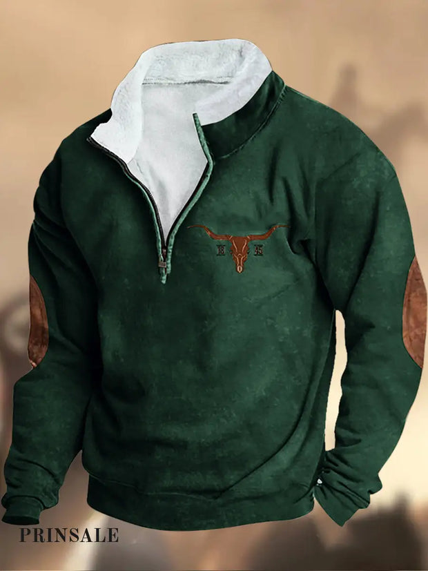 Cowboy Pattern Printed Western Village Hunting Logo Zipper Fur Collar V-Neck Thick Sweatshirt A / S