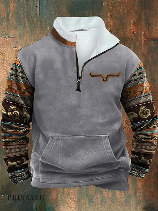 Cowboy Pattern Printed Western Village Hunting Logo Zipper Fur Collar V-Neck Thick Sweatshirt C / S