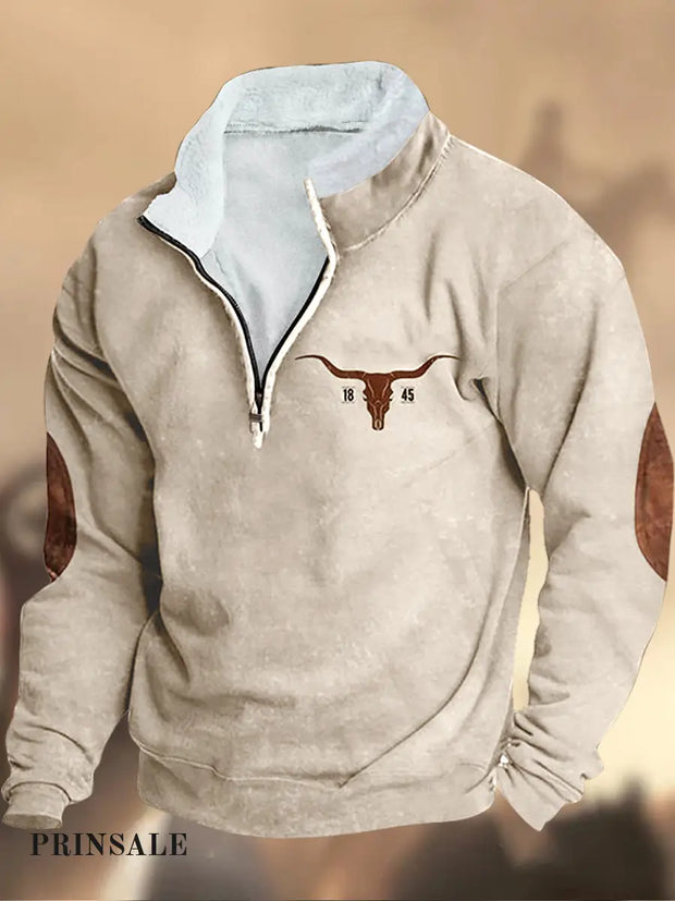 Cowboy Pattern Printed Western Village Hunting Logo Zipper Fur Collar V-Neck Thick Sweatshirt D / S