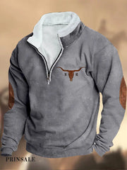 Cowboy Pattern Printed Western Village Hunting Logo Zipper Fur Collar V-Neck Thick Sweatshirt E / S