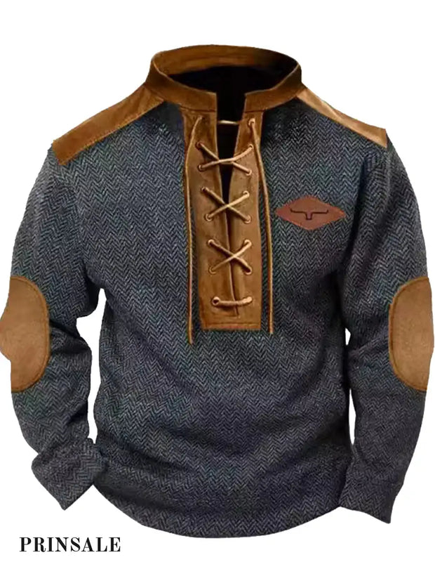 Cowboy Texture Pattern Printed Western Village Hunting Logo Button V-Neck Outdoor Thick Sweatshirt