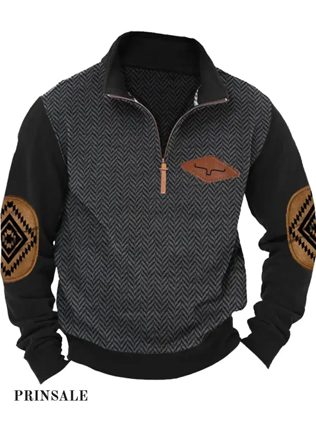 Cowboy Texture Pattern Printed Western Village Hunting Logo Button V-Neck Outdoor Thick Sweatshirt