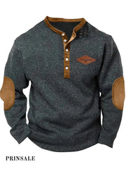 Cowboy Texture Pattern Printed Western Village Hunting Logo Button V-Neck Outdoor Thick Sweatshirt