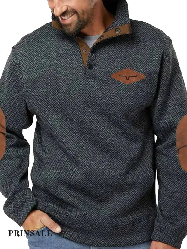 Cowboy Texture Pattern Printed Western Village Hunting Logo Button V-Neck Outdoor Thick Sweatshirt