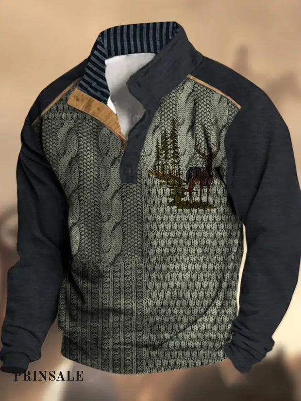 Cowboy Texture Pattern Printed Western Village Hunting Logo Button V-Neck Outdoor Thick Sweatshirt