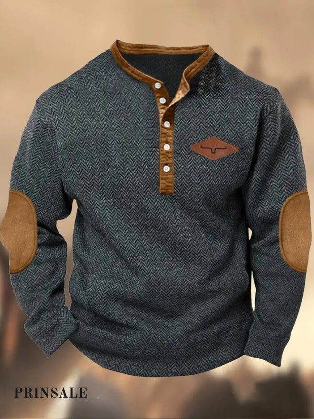 Cowboy Texture Pattern Printed Western Village Hunting Logo Button V-Neck Outdoor Thick Sweatshirt