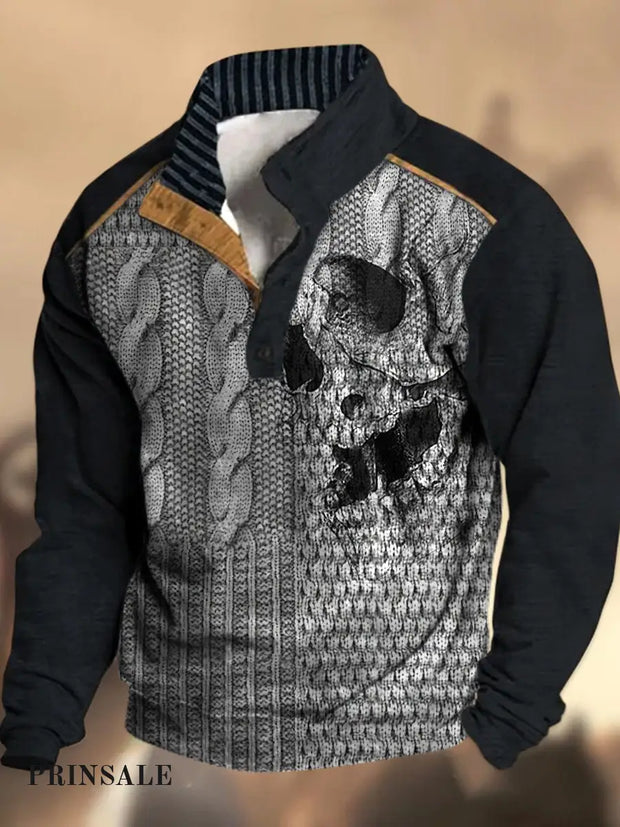 Cowboy Texture Pattern Printed Western Village Hunting Logo Button V-Neck Outdoor Thick Sweatshirt