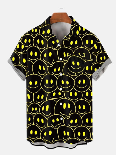 Yellow And Black Smiling Faces Printing Breast Pocket Short Sleeve Shirt