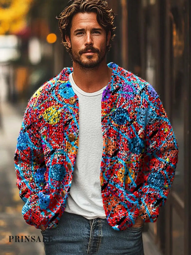 Gentleman Abstract Color Entwined Art Print Sweater Cardigan Flower Color / S