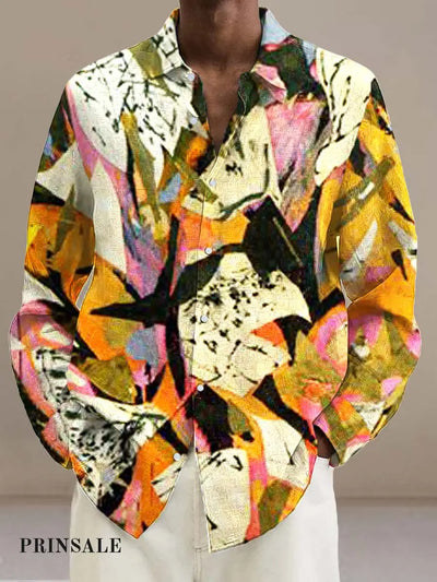 Gentleman Abstract Fashion Art Print Long Sleeve Lapel Shirt Flower Color / S