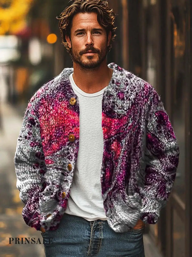 Gentleman Abstract Irregular Fluid Fashion Print Sweater Cardigan Colorful / S