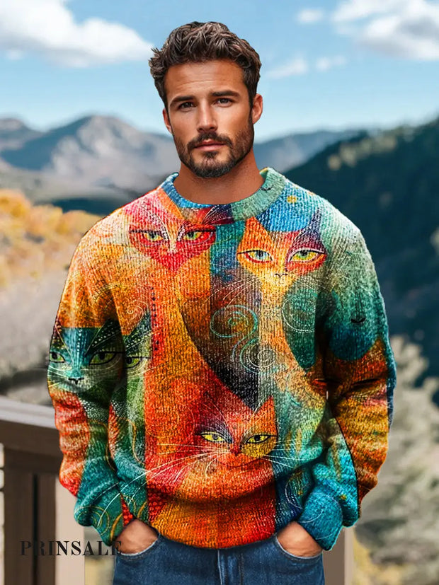 Gentleman Casual Abstract Cat Art Print Crew Neck Sweater Colorful / S