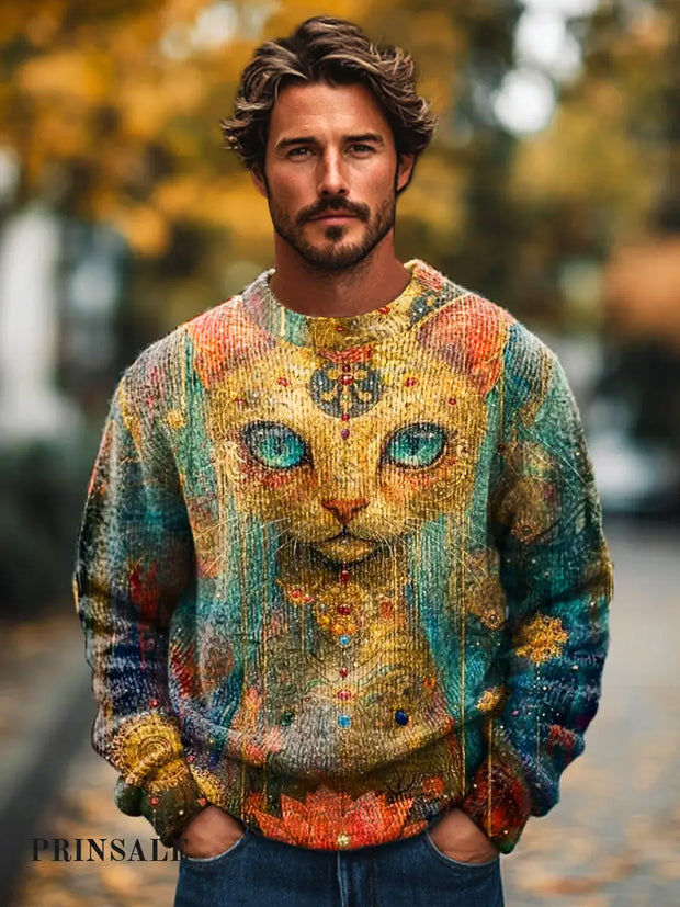 Gentleman Casual Abstract Cat Floral Art Print Crew Neck Sweater Colorful / S