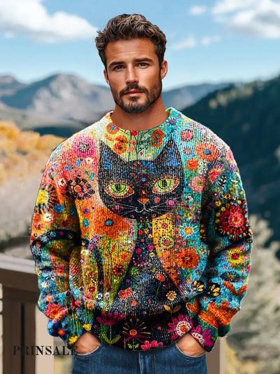 Gentleman Casual Abstract Cat Graffiti Art Print Crew Neck Sweater Colorful / S