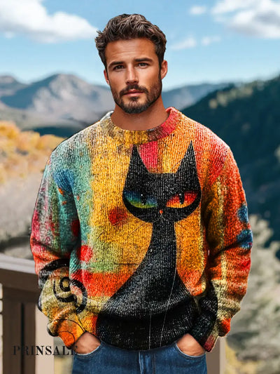 Gentleman Casual Abstract Colorblock Cat Art Print Crew Neck Sweater Colorful / S