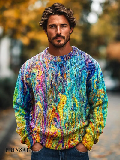 Gentleman Casual Abstract Multicolor Textured Art Print Crew Neck Sweater Colorful / S