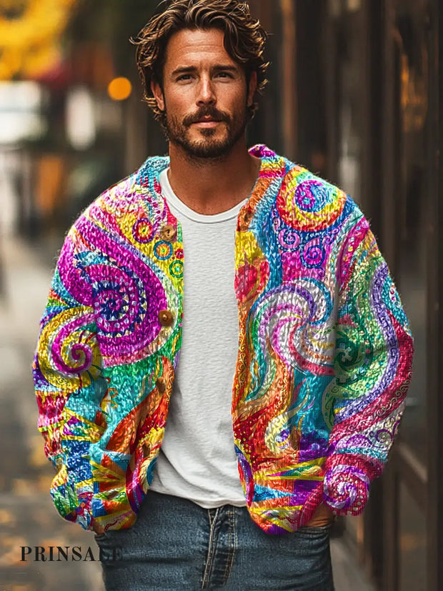 Gentleman Casual Colorful Abstract Art Print Sweater Cardigan / S