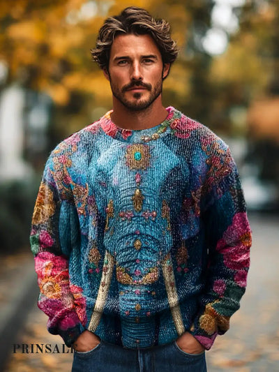 Gentleman Casual Ethnic Style Elephant Floral Art Print Crew Neck Sweater Colorful / S