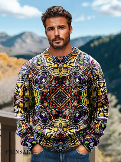 Gentleman Casual Ethnic Style Mandala Art Print Crew Neck Sweater Colorful / S