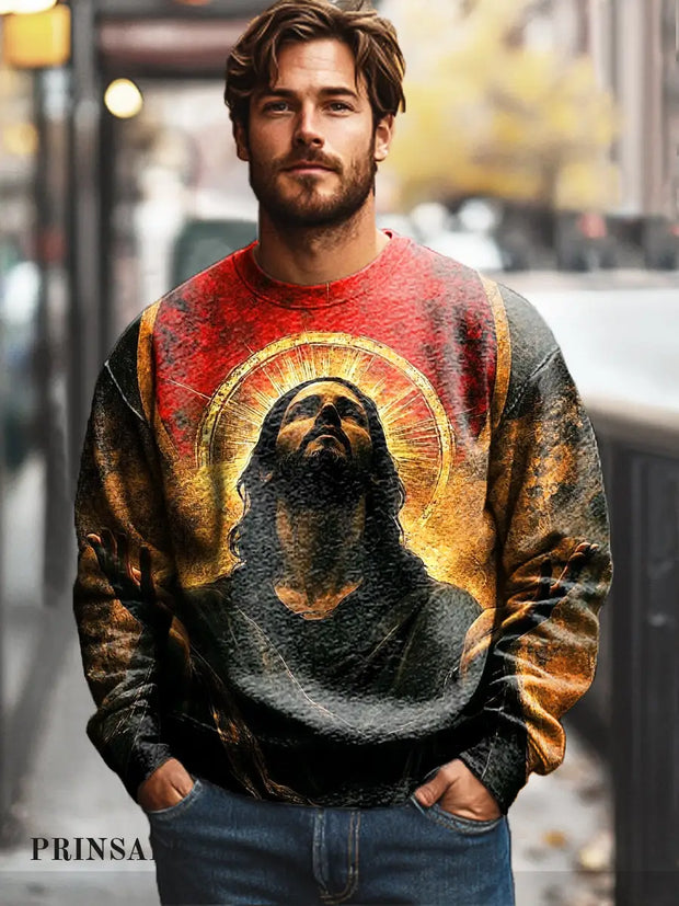 Gentleman Casual Faith Jesus Art Printed Cotton Crew Neck Pullover Sweatshirt Colorful / S