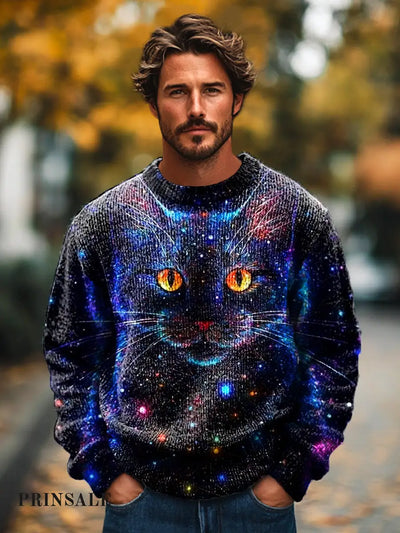 Gentleman Casual Fluorescent Color Cat Art Print Crew Neck Sweater Colorful / S