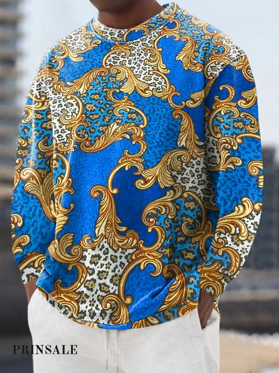 Gentleman Casual Irregular Leopard Art Print Crew Neck Pullover Sweatshirt Colorful / S