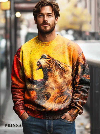 Gentleman Casual Moon Lion Oil Painting Art Print Cotton Crew Neck Pullover Shirt Colorful / S