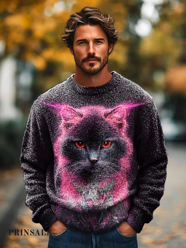 Gentleman Casual Pink Cat Art Print Crew Neck Sweater Colorful / S